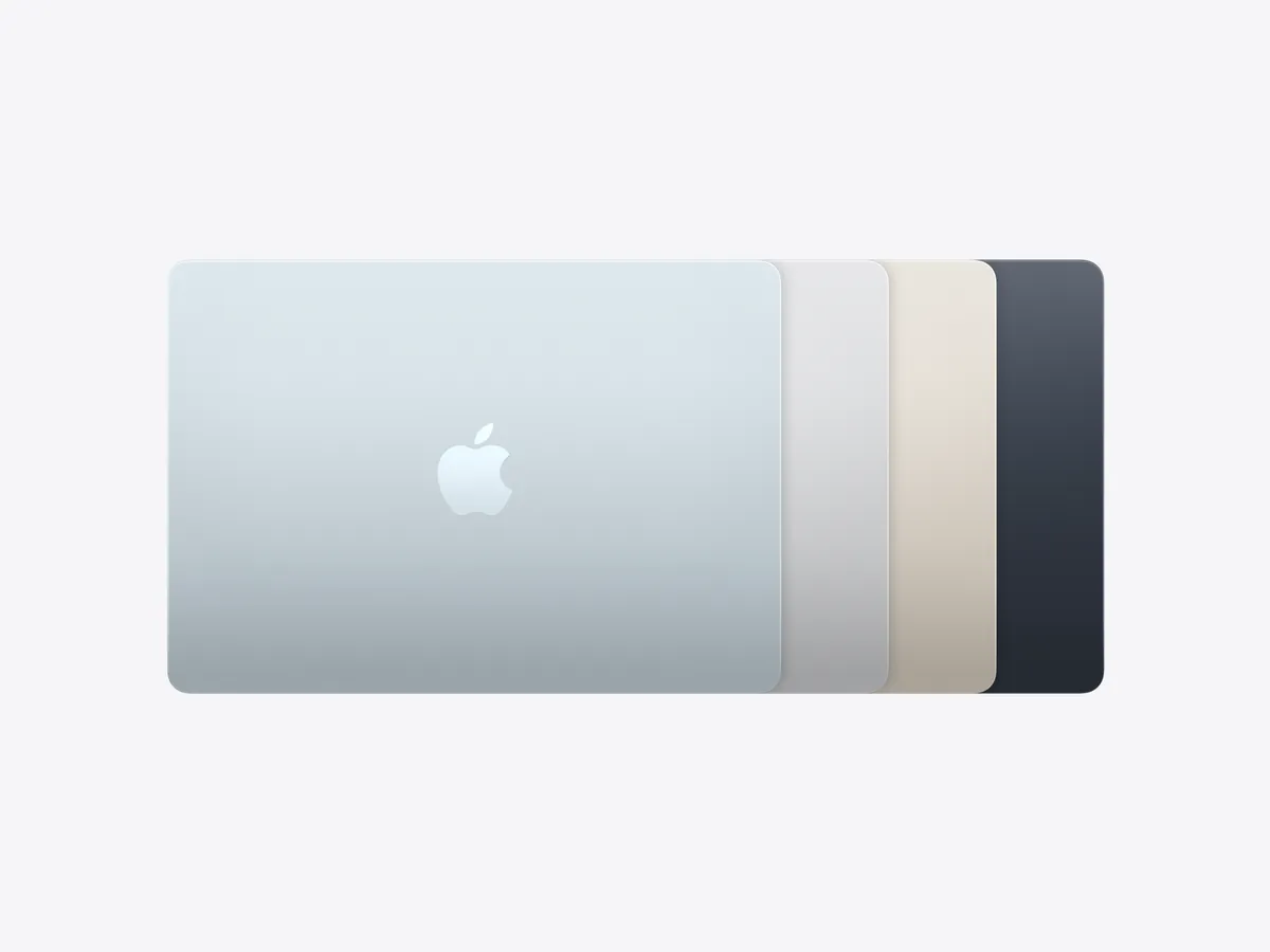 Closed 13-inch MacBook Air lids in Sky Blue, Silver, Starlight and Midnight, seen from above