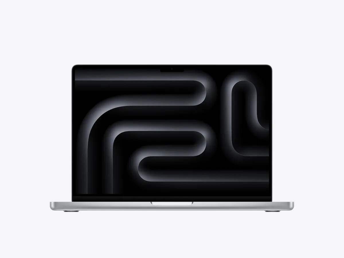 14-inch MacBook Pro in Silver, open, front view with the Liquid Retina XDR display on