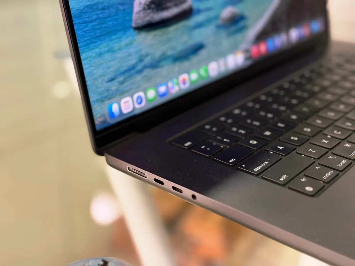 MacBook Pro 16-inch M3 Max left side showing the MagSafe port, two USB-C ports and the headphone jack