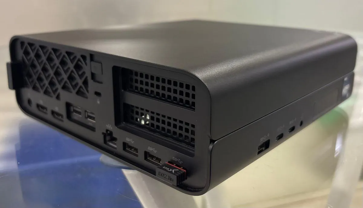 HP Z2 Mini G9 rear panel showing two DisplayPort outputs, two USB-A ports, a Kensington lock slot, an Ethernet port and three more USB-A ports
