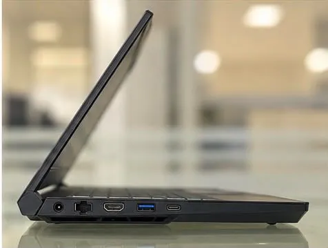 MSI Pulse GL66 side view showing the power connector, Ethernet port, HDMI port, a USB-A port and a USB-C port